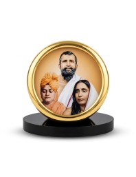 Hitech Sales Sri Ramakrishna, Swami Vivekananda & Sarada Devi Golden Photo Frame | Golden Round Table Top Decor for Car Dashboard, Study Desk, Puja Room, Home Temple & Office Decor