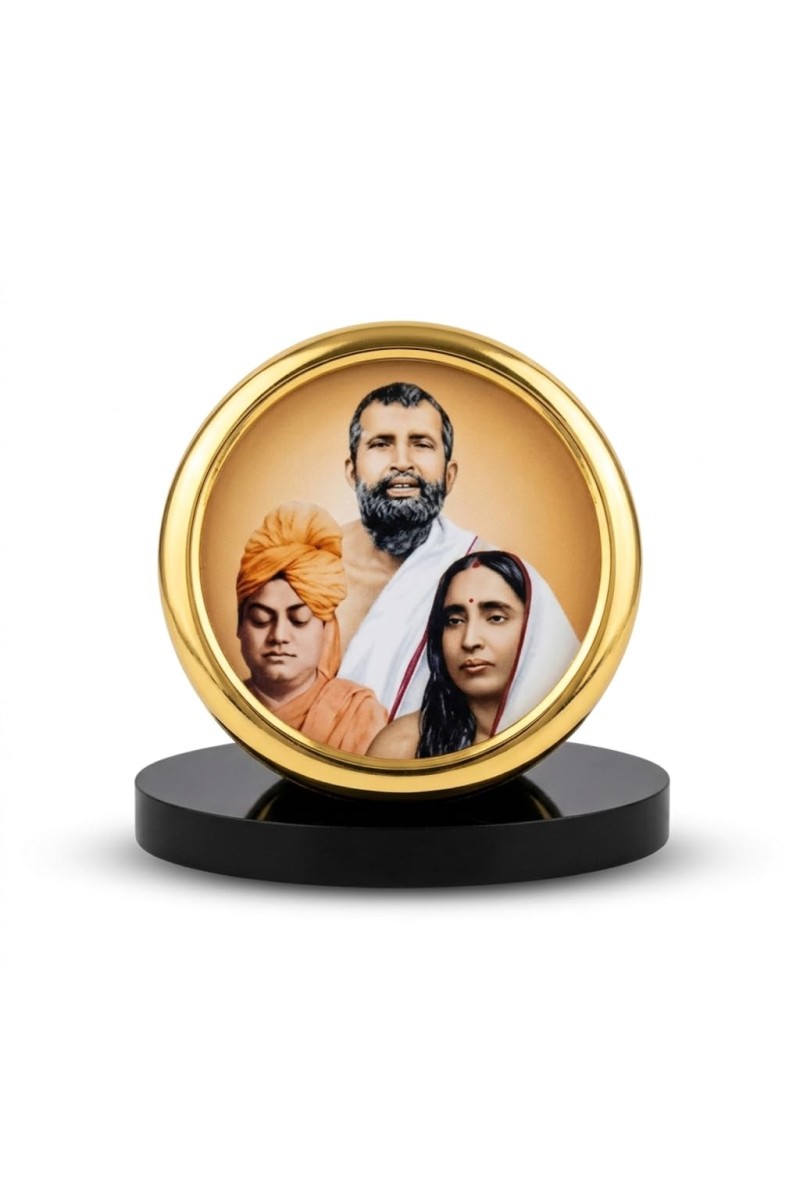 Hitech Sales Sri Ramakrishna, Swami Vivekananda & Sarada Devi Golden Photo Frame | Golden Round Table Top Decor for Car Dashboard, Study Desk, Puja Room, Home Temple & Office Decor