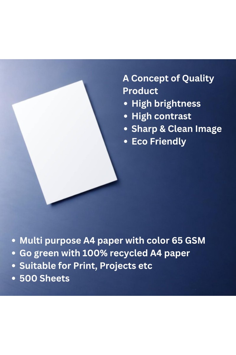 A4 Size Plain White Paper Pack of 1 (Sheets – 500) Multipurpose Sheets for Home, Office, School, Crafting, Printing, Writing, and Sketching, Art Projects (Smooth Finish - 65 GSM)