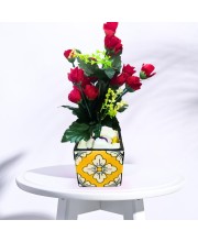 Handcrafted Ceramic Square Pot with Floral Design | Multicolor Decorative Plant Pot for Indoor Plants, & Home Décor