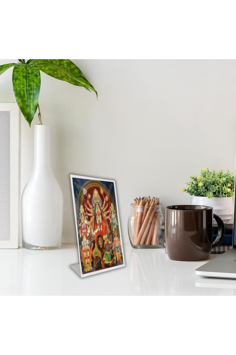 Car Desk/Table Top Maa Durga Acrylic L-Style Photo Stand - 2.5x3.5 Inches, Compact And Stylish Spiritual Display (F6686)