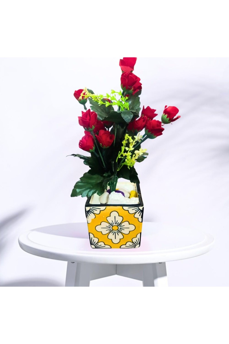 Decorative Ceramic Square Planter | Design Floral Flower Pot | Colorful Indoor Plant Pot for Succulents & Small Plants for Home & Office (Only Pot)