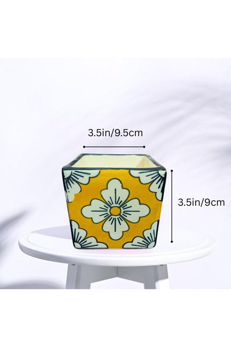 Handcrafted Ceramic Square Pot with Floral Design | Multicolor Decorative Plant Pot for Indoor Plants, & Home Décor