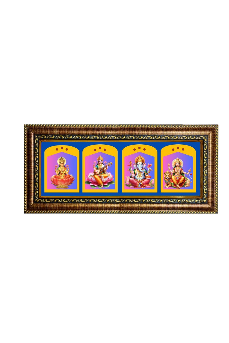 Hitech Sales Devi Laxmi, Devi Saraswati, Shree Ganesh Ji and Devi Durga God Photos in One Photo Frame (16.6 x 6.6 inches, Golden, Pvc Frame)
