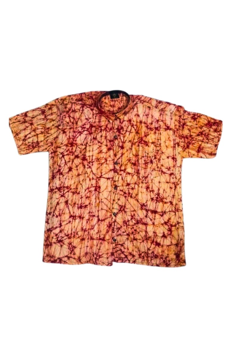 Men's Batik Print Cotton Shirt | Handmade Traditional Tie-Dye Casual Wear | Mandarin Collar Half Sleeve Ethnic Shirt for Summer, Festive & Daily Use Multicolour (Light Orange & Maroon Batik)