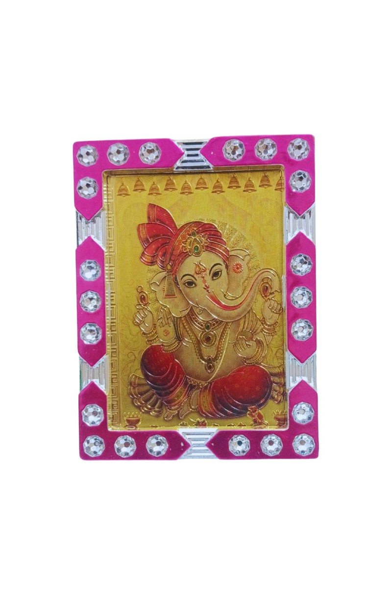 Hitech Sales Mini Decorative Hindu God Ganesh Photo Frame with Designing Border Religious Gift for Home, Office Décor and Card dasboard Small Temple Idol Frame for Worship (6 x 8 cm – 1 Pcs)