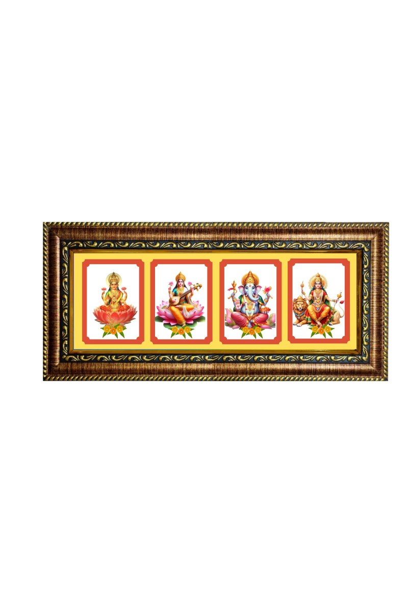 Hitech Sales Maa Laxmi, Devi Saraswati, Shree Ganesh Ji and Mata Durga God Photos in One Photo Frame (16.6 x 6.6 inches, Golden, Pvc Frame)