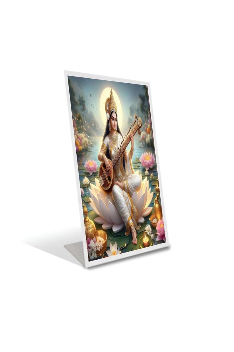 Car Desk/Table Top Maa Sraswati Acrylic L-Style Photo Stand - 2.5x3.5 Inches, Compact And Stylish Spiritual Display (F6731)