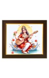 Hitech Sales Saraswati Mata Photo with Beautiful 12X10 in synthetic Wood Frame for Saraswati Pooja With Glass Tabletop Wallmount display for Home office decor Gift for all occations