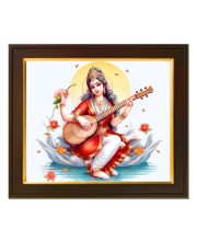 Hitech Sales Saraswati Mata Photo with Beautiful 12X10 in synthetic Wood Frame for Saraswati Pooja With Glass Tabletop Wallmount display for Home office decor Gift for all occations