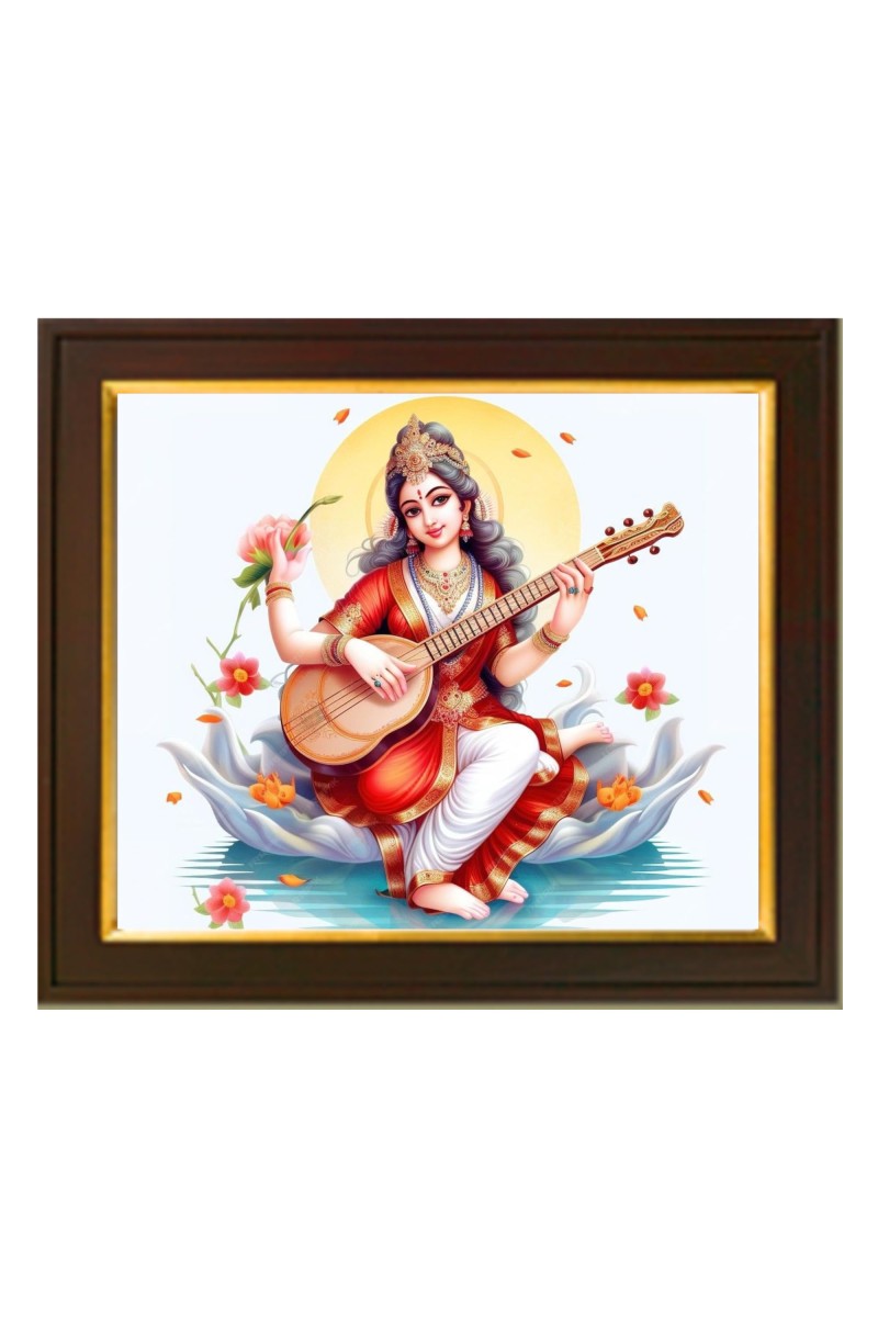 Hitech Sales Saraswati Mata Photo with Beautiful 12X10 in synthetic Wood Frame for Saraswati Pooja With Glass Tabletop Wallmount display for Home office decor Gift for all occations
