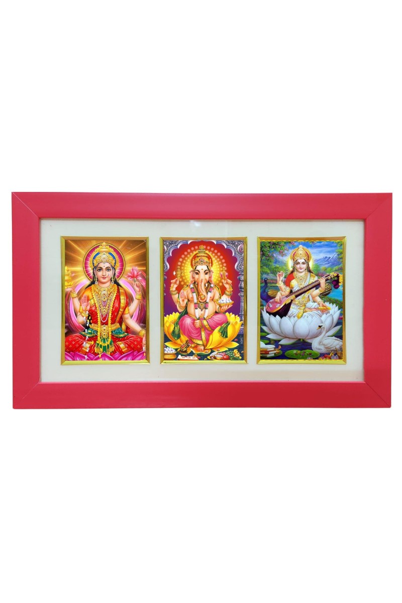 Hi tech Sales Dhan-laxmi, Ganesh, saraswati photo frame || synthetic photo Frame with Glass || Three Gods in Single Frame (Multicolor) for wall, living room, gifts, pooja