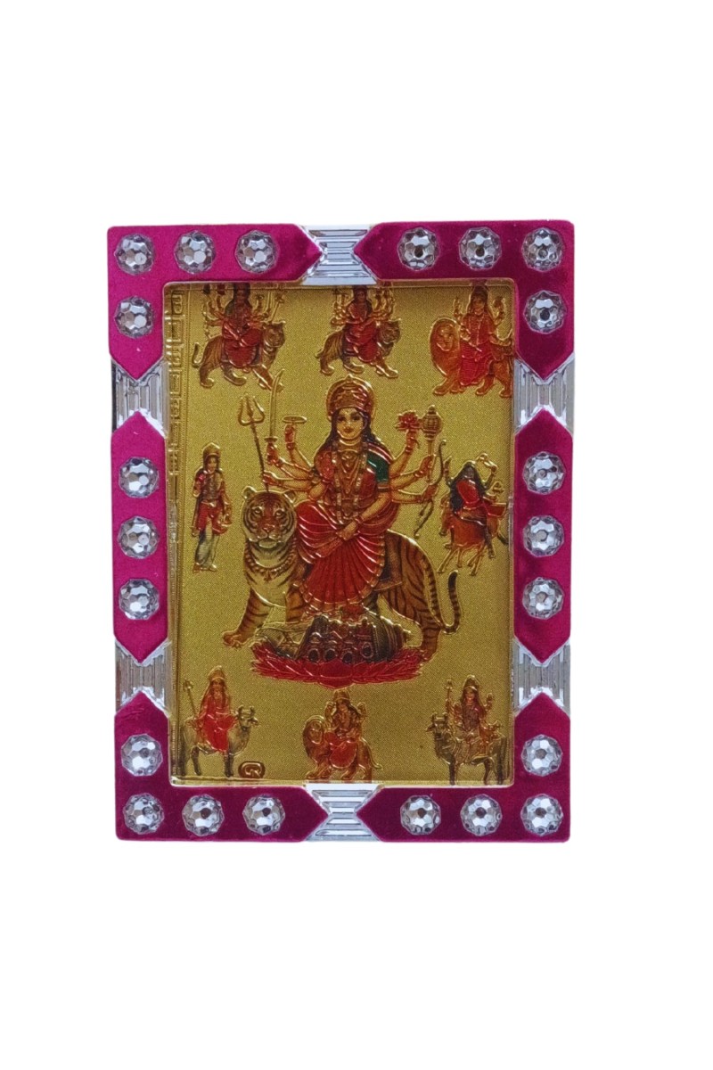 Hitech Sales Mini Decorative Maa Durga Photo Frame with Designing Border Religious Gift for Home, Office Décor and Card dasboard Small Temple Idol Frame for Worship (6 x 8 cm – 1 Pcs)