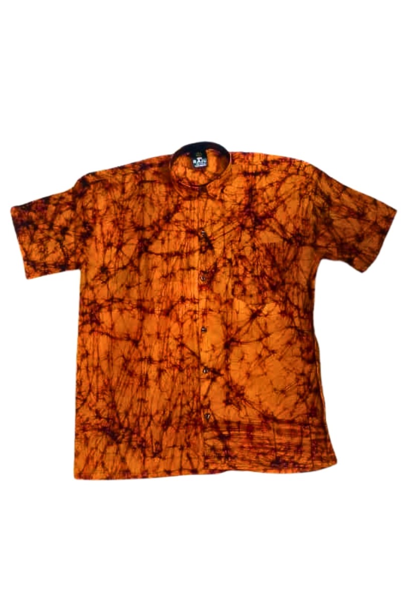 Men's Batik Print Cotton Shirt | Handmade Traditional Tie-Dye Casual Wear | Mandarin Collar Half Sleeve Ethnic Shirt for Summer, Festive & Daily Use Deep Orange