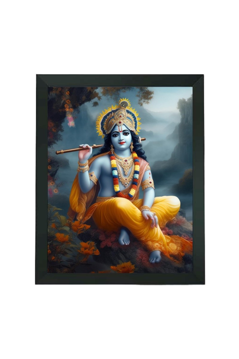 Hitech Sales Shree Krishna Bhagwan Polystyrene Photo Frame for Pooja Room, Temple Decor, Home Decoration and Gifting (Wall and Tabletop, Rectangular, Printed Photo, 7.12 x 9.12 inches Frame, Black)