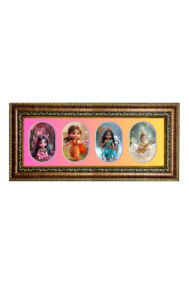 Little Radha, Sita, Durga, Saraswati Photo Frame - 8x14 Inch Brown Wooden Frame | Hindu Gods Wall Decor For Home & Office