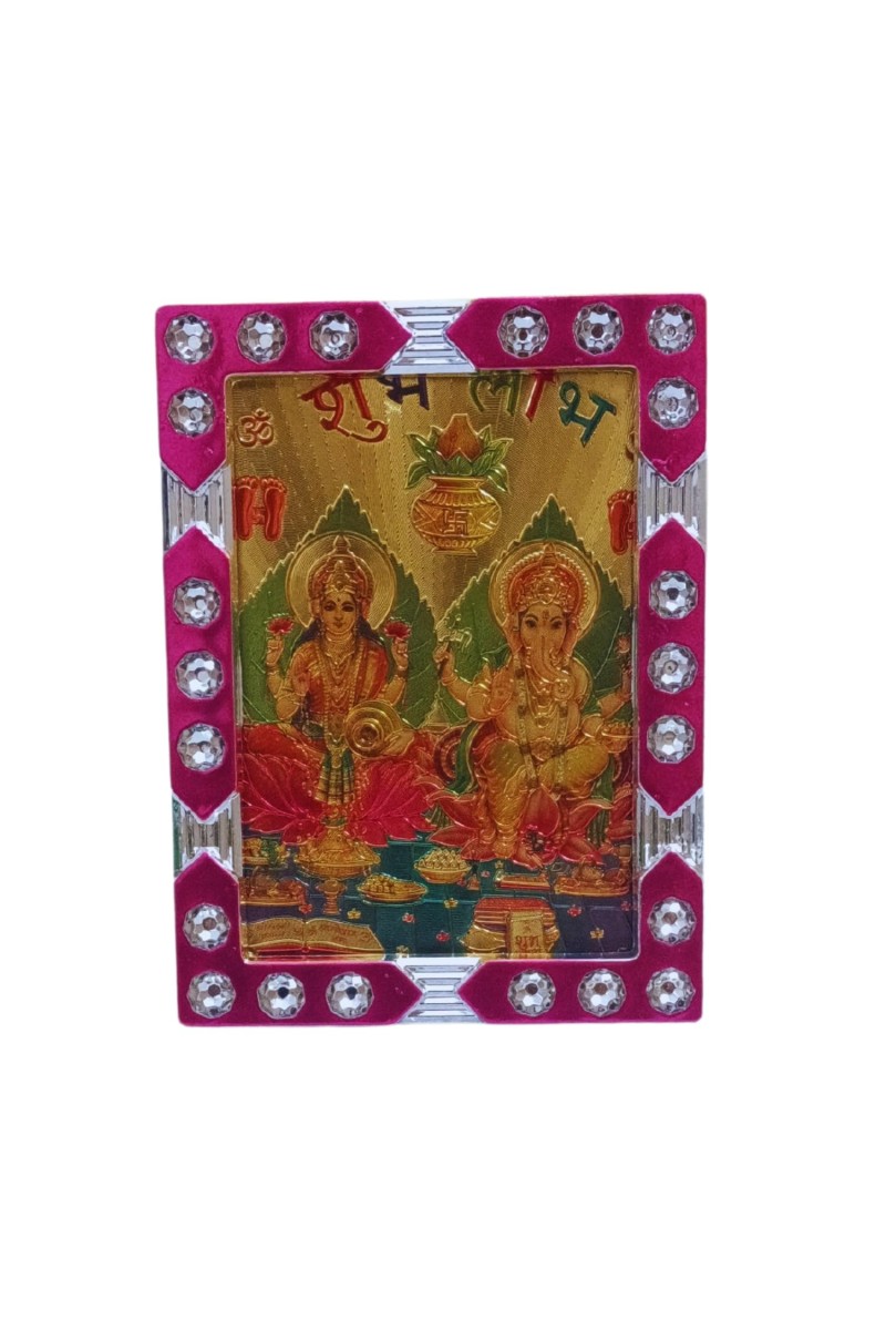 Hitech Sales Mini Decorative MATA Laxmi Prabhu Ganesh Photo Frame with Designing Border Religious Gift for Home, Office D&eacute;cor and Card dasboard Small Temple Idol Frame for Worship (6 x 8 cm &ndash; 1 Pcs)