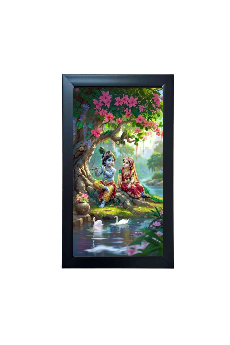 Hitech Sales Little Radha Krishna Wall-Mount Polystyrene Photo Frame Home Pooja Room, Decoration and Gifting, 9.6 x 15.6 inches Black Frame (Pack of 1, Printed Photo)