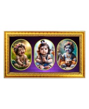 Baby Krishna Photo Frame - 8x14 Inch Brown Wooden Frame | Hindu Gods Wall Decor For Home & Office