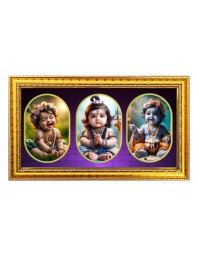 Baby Krishna Photo Frame - 8x14 Inch Brown Wooden Frame | Hindu Gods Wall Decor For Home & Office