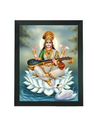 Hitech Sales Devi Saraswati Maa Polystyrene Photo Frame for Pooja Room, Temple Decor, Home Decoration and Gifting (Wall and Tabletop, Rectangular, Printed Photo, 7.12 x 9.12 inches Frame, Black)