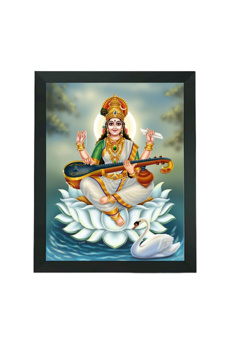 Hitech Sales Devi Saraswati Maa Polystyrene Photo Frame for Pooja Room, Temple Decor, Home Decoration and Gifting (Wall and Tabletop, Rectangular, Printed Photo, 7.12 x 9.12 inches Frame, Black)