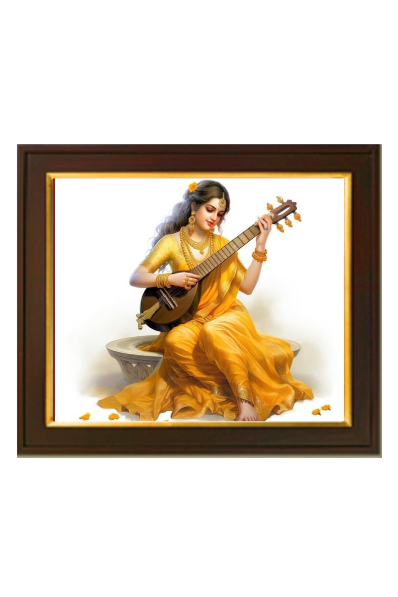 Hitech Sales Saraswati Mata ai Photo with Beautiful 12X10 in synthetic Wood Frame for Saraswati Pooja With Glass Tabletop Wallmount display for Home office decor Gift for all occations