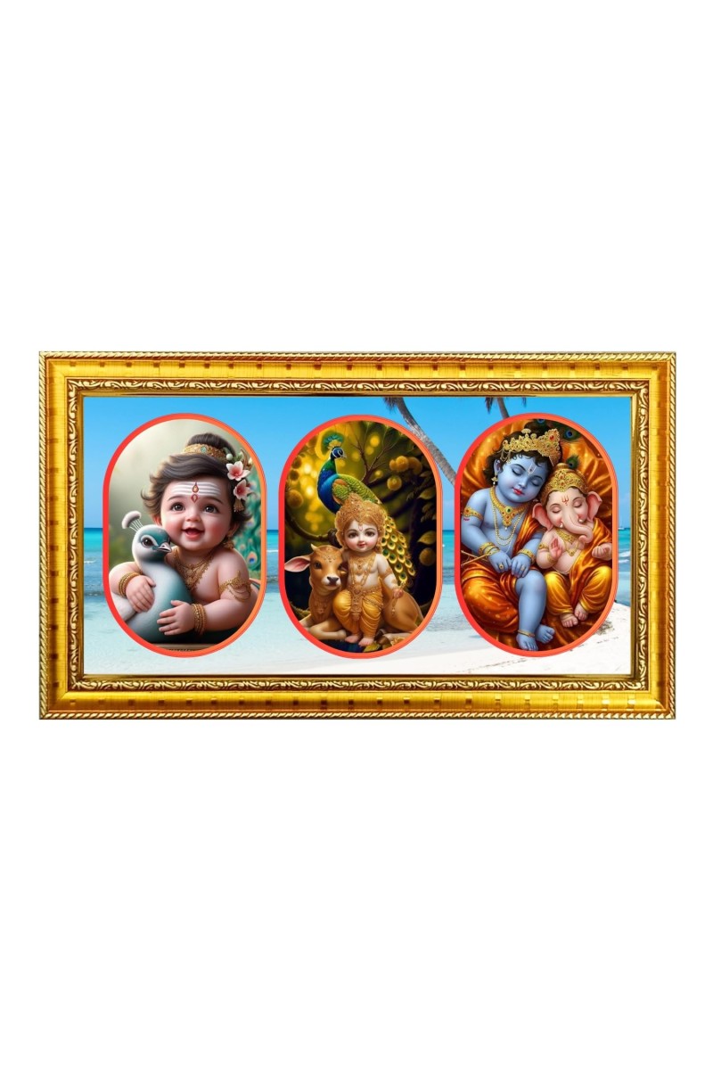 Little Krishna Photo Frame - 8x14 Inch Brown Wooden Frame | Hindu Gods Wall Decor For Home & Office