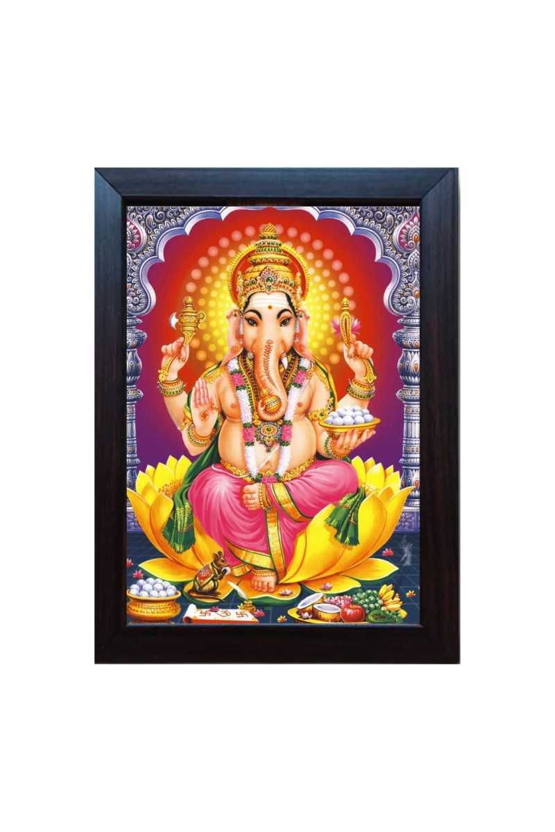 Hitech Ganesh/Ganpati Ji On Lotus With Mushakraj Laminated photo frame for Wall, Temple, Outdoor Spaces Home Decor, gifts (Pvc Frame and Front - Glass, 8 x 6 inch)