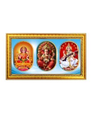 Maa Laxmi Ganesh, Saraswati Photo Frame - 8x14 Inch Brown Wooden Frame | Hindu Gods Wall Decor For Home & Office