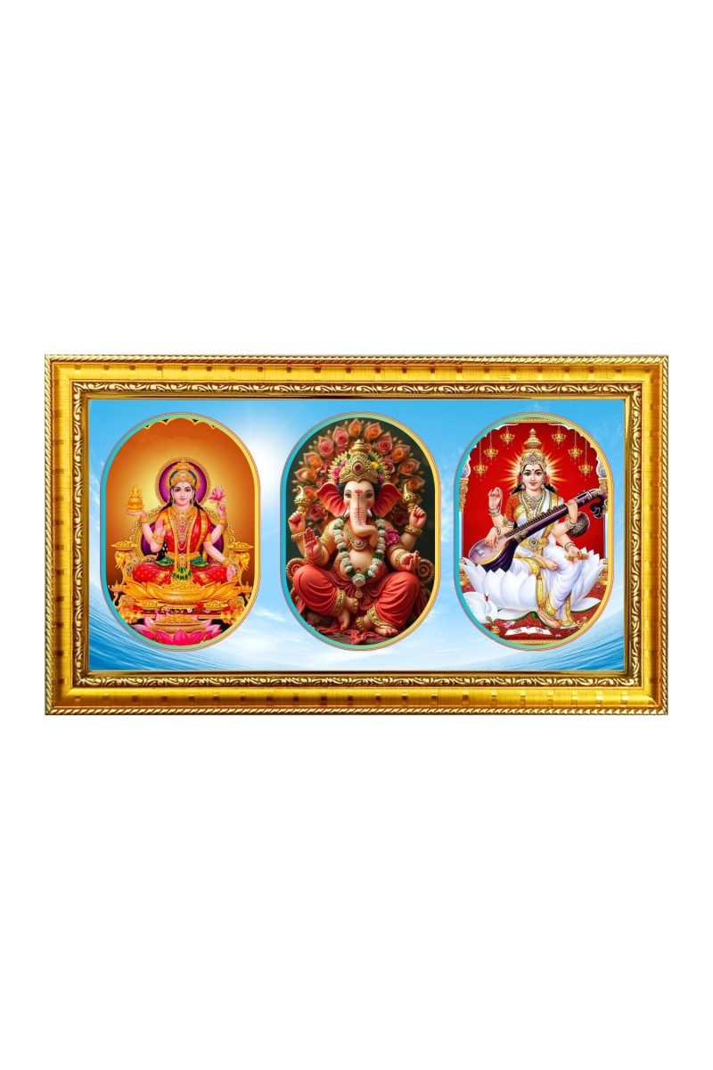 Maa Laxmi Ganesh, Saraswati Photo Frame - 8x14 Inch Brown Wooden Frame | Hindu Gods Wall Decor For Home & Office
