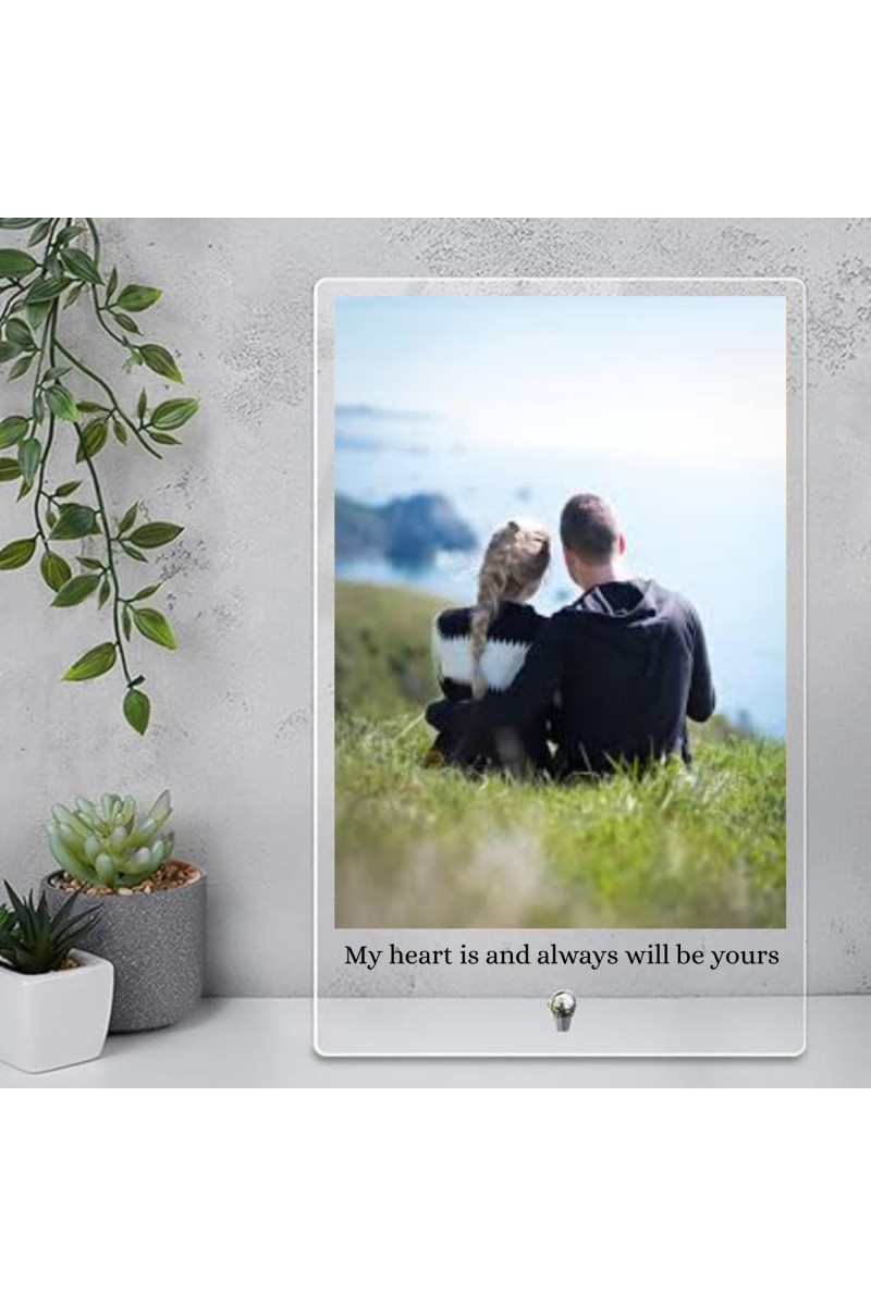 HiTechSales Customised Photo and Text Frame Personalized with Metal Removable Stand, Table Top Photo Frames, Photo Frame Anniversary and Gift Birthday (Transparent Acrylic, 6 X 9 Inches)