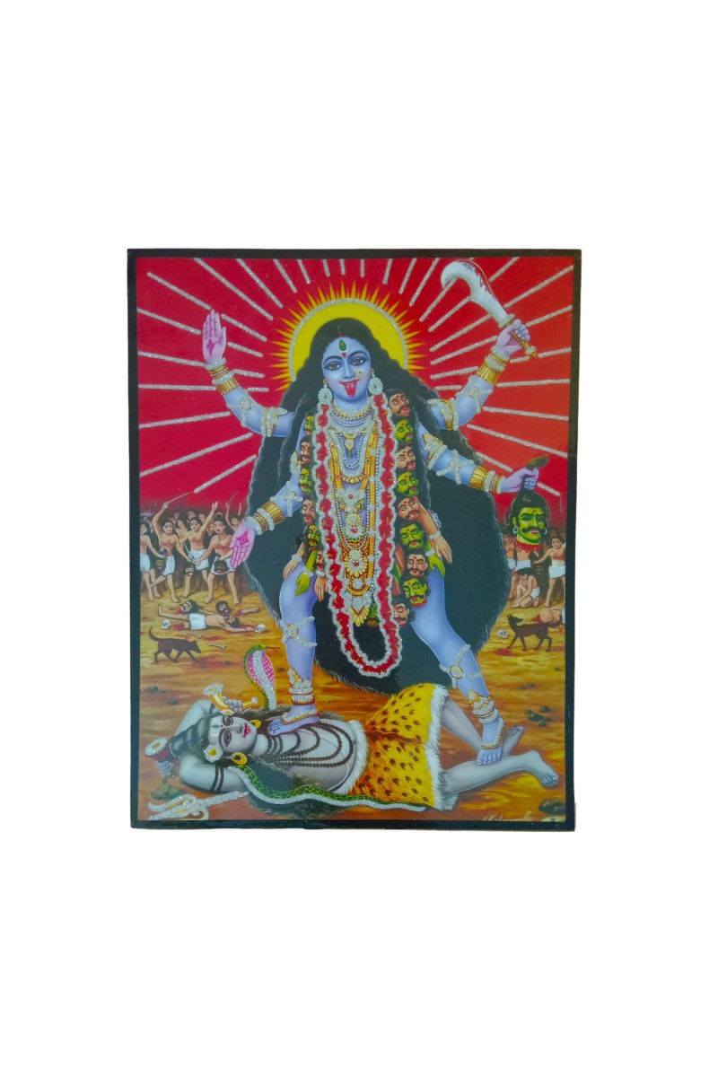 Divine Goddess Kali Maa Standing Over Lord Shiva Spiritual Laminated Photo Frame for Home/Temple Hindu Religious Artwork (Multicolor, 12x18 Inches)