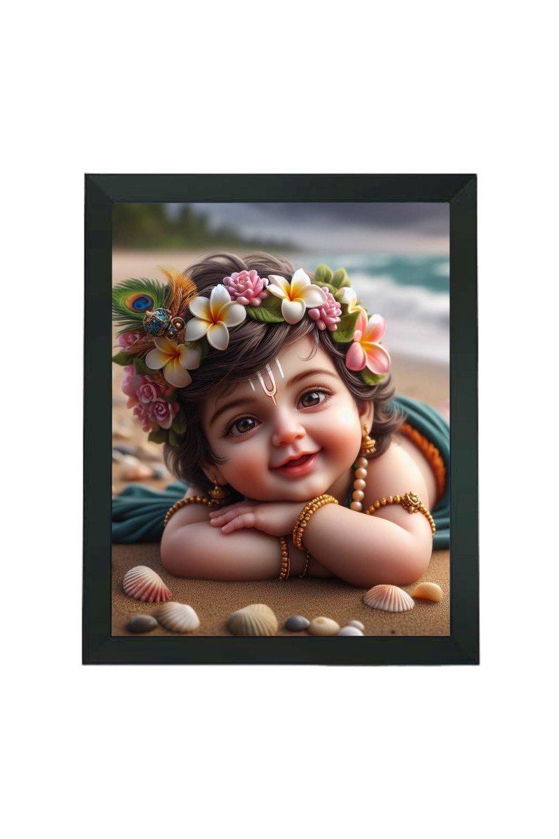 Hitech Sales Sweet Gopal Printed Photo and Polystyrene Photo Frame for Pooja Room, Temple Decor, Home Decoration and Gifting (Wall and Tabletop, Rectangular, 7.12 x 9.12 inches Frame, Black)