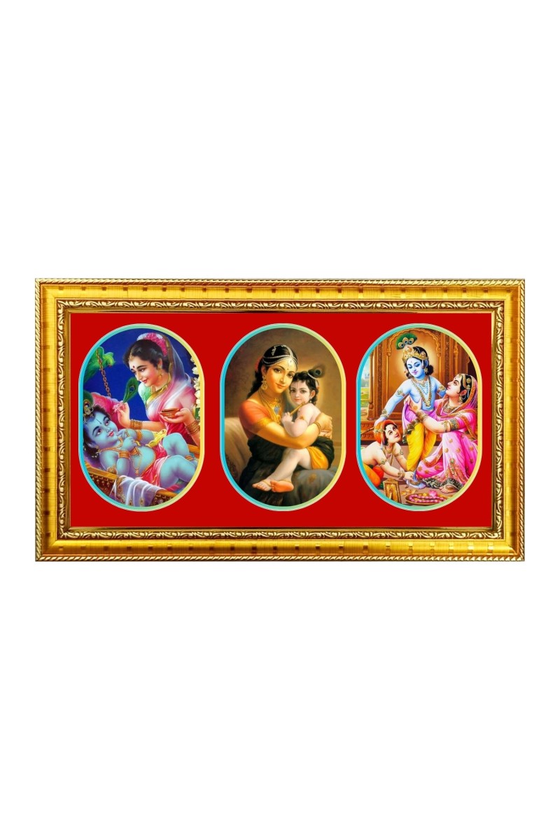 Little Krishna With Mother Photo Frame - 8x14 Inch Brown Wooden Frame | Hindu Gods Wall Decor For Home & Office