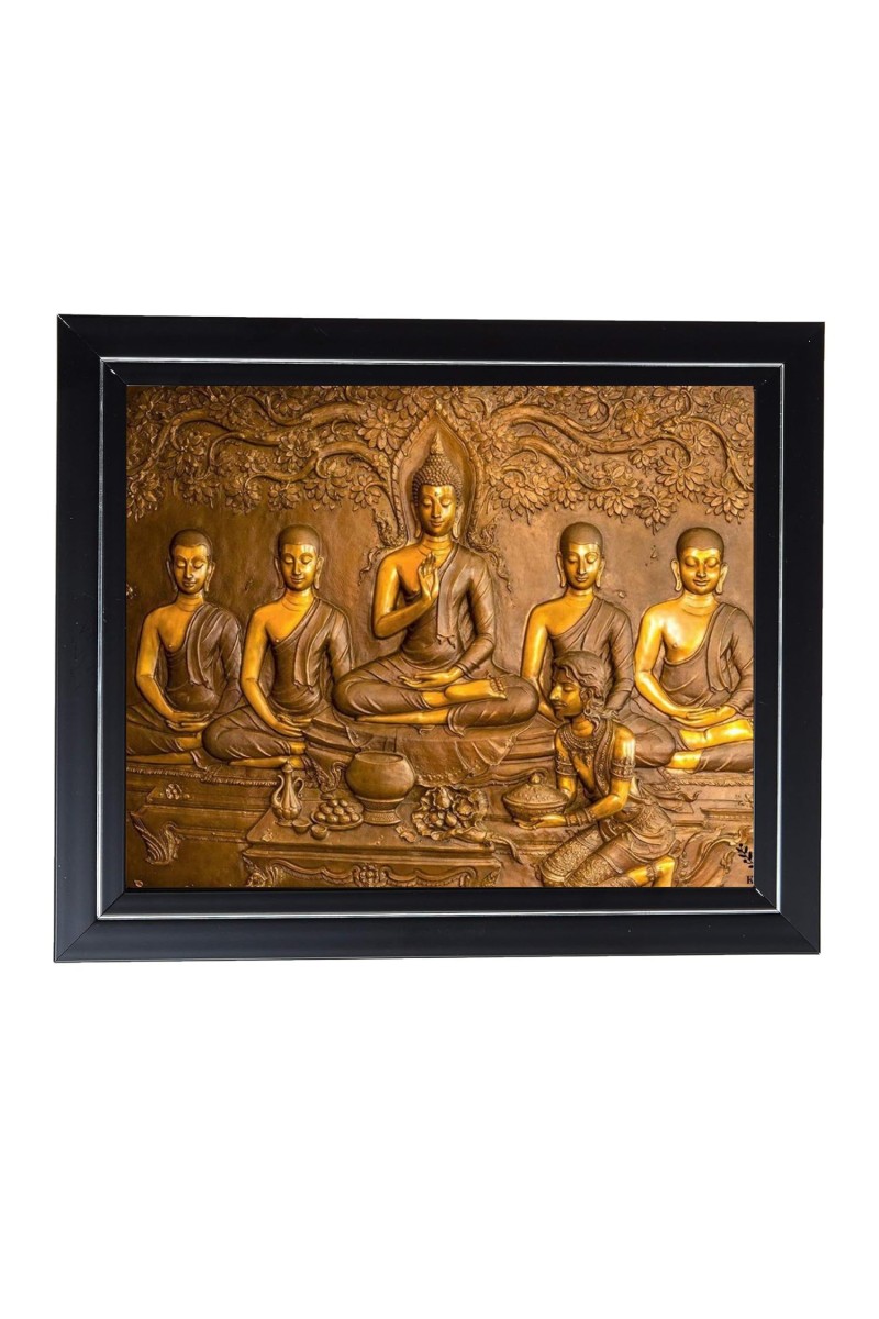 Hitech Sales Gautam Buddha with His Disciple Photo Frame for Pooja Room, Temple Decor, Home Decoration and Gift (Wall and Tabletop, Rectangular, Printed Photo, 12 x 14 inches Frame, Brown)