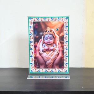 HiTechMart Baby Krishna Acrylic Photo Frame with Stand – Divine Hindu God Picture for Home, Pooja Room & Gift – Spiritual Décor for Mandir & Office