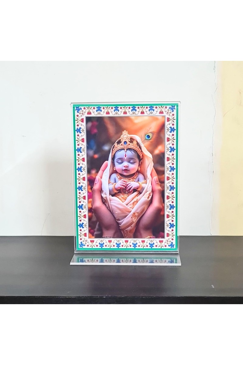 HiTechMart Baby Krishna Acrylic Photo Frame with Stand – Divine Hindu God Picture for Home, Pooja Room & Gift – Spiritual Décor for Mandir & Office