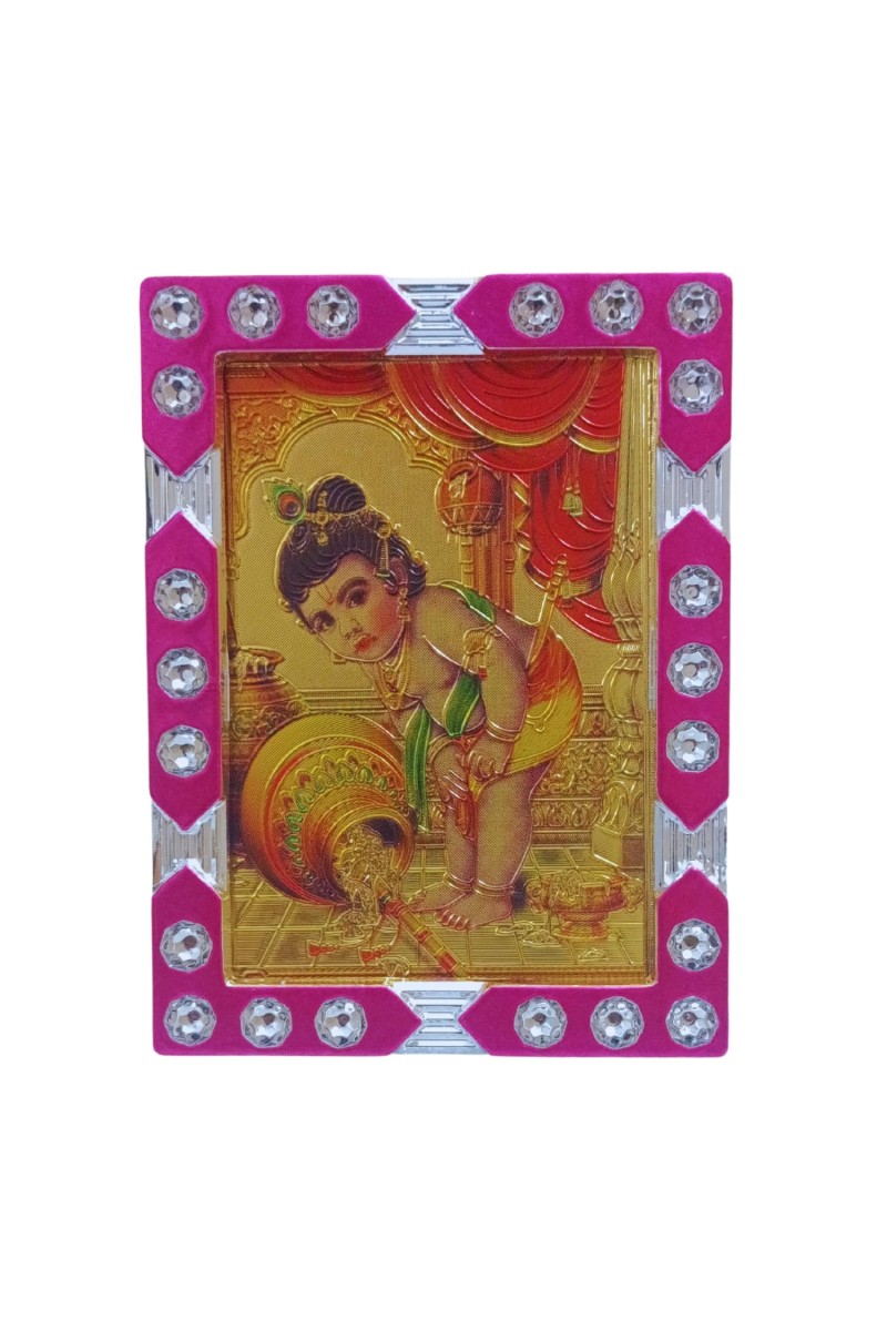 Hitech Sales Mini Decorative Makhan Gopal Photo Frame with Designing Border Religious Gift for Home, Office Décor and Card dasboard Small Temple Idol Frame for Worship (6 x 8 cm – 1 Pcs)