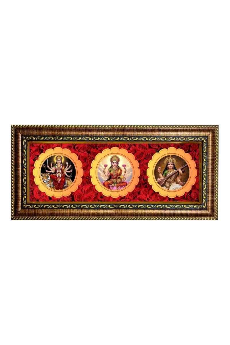 Maa, Durga, Laxmi, Saraswati Photo Frame - 8x14 Inch Brown Wooden Frame | Hindu Gods Wall Decor For Home & Office