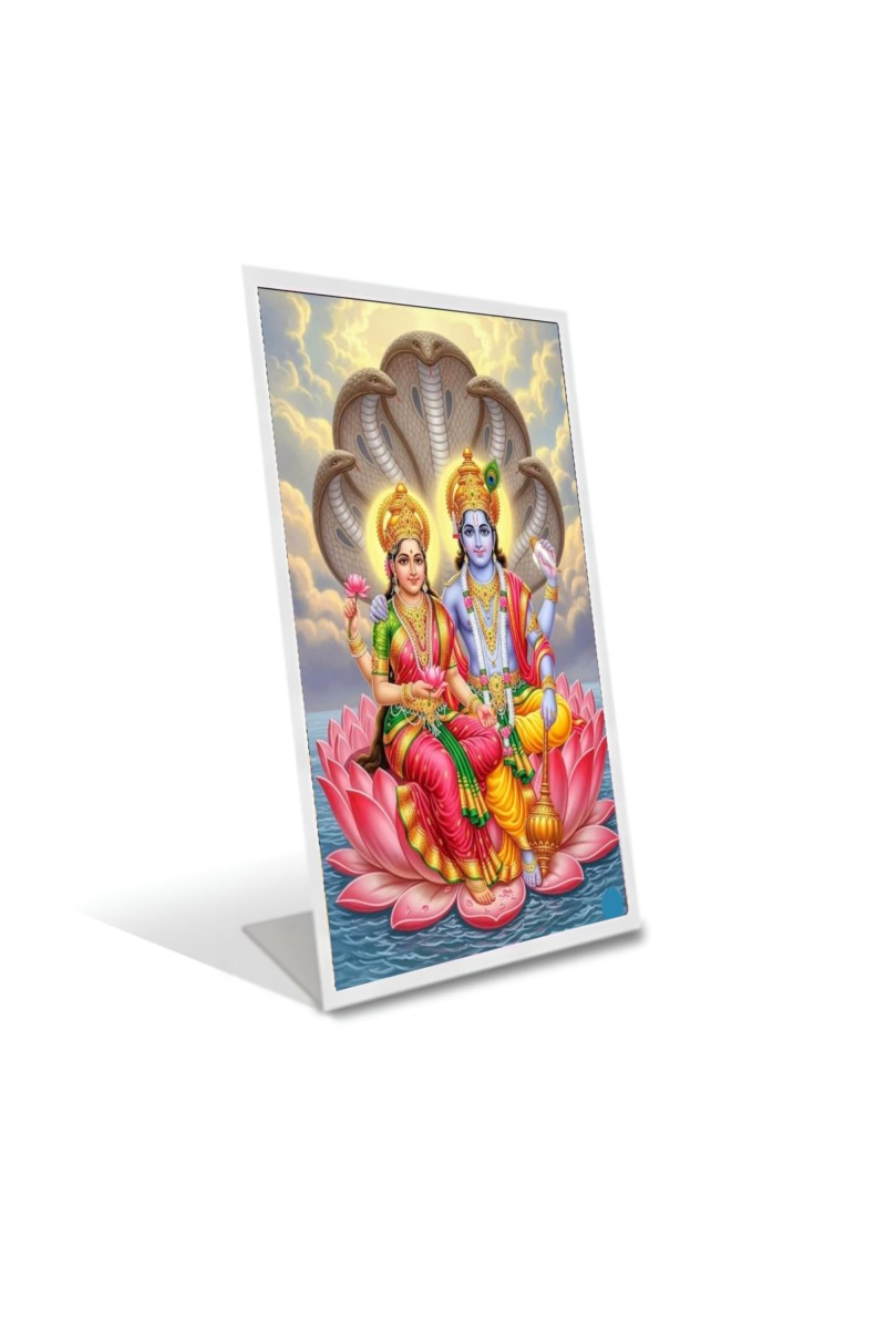 Car Desk/Table Top Lord Vishnu And Lakhsmi Acrylic L-Style Photo Stand - 5x7 Inches, Compact And Stylish Spiritual Display (F6662)