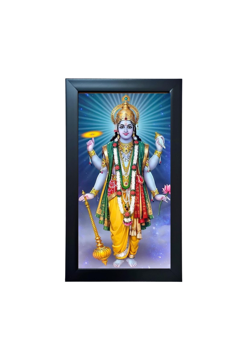 Lord Vishnu Wall-Mount Rectangular Polystyrene Photo Frame for Pooja Room, Home Decoration and Gifting, 9.6 x 15.6 inches Black Frame (Pack of 1, Printed Photo)