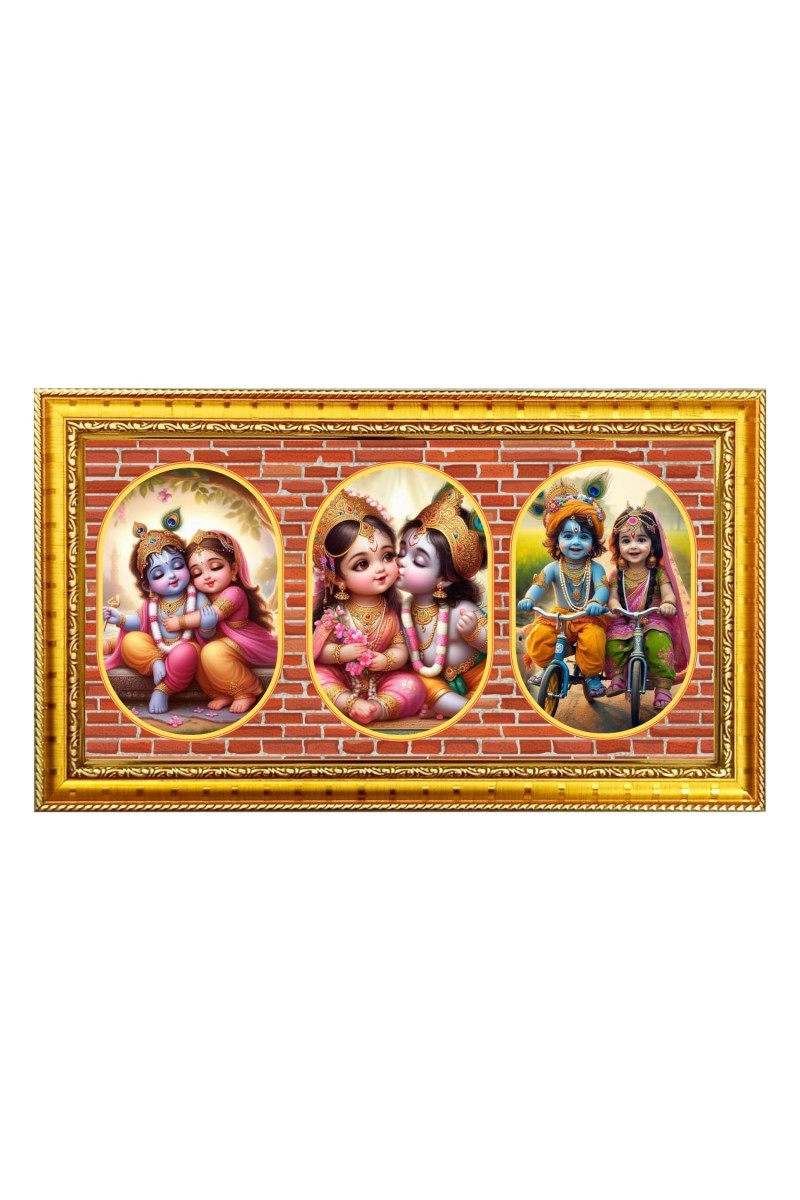 Baby Krishna And Radha Photo Frame - 8x14 Inch Brown Wooden Frame | Hindu Gods Wall Decor For Home & Office