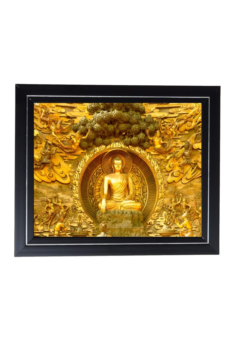 Hitech Sales Golden Buddha Wall Painting Photo Frame for Pooja Room, Temple Decor, Home Decoration and Gift (Wall and Tabletop, Rectangular, Printed Photo, 12 x 14 inches Frame, Brown)