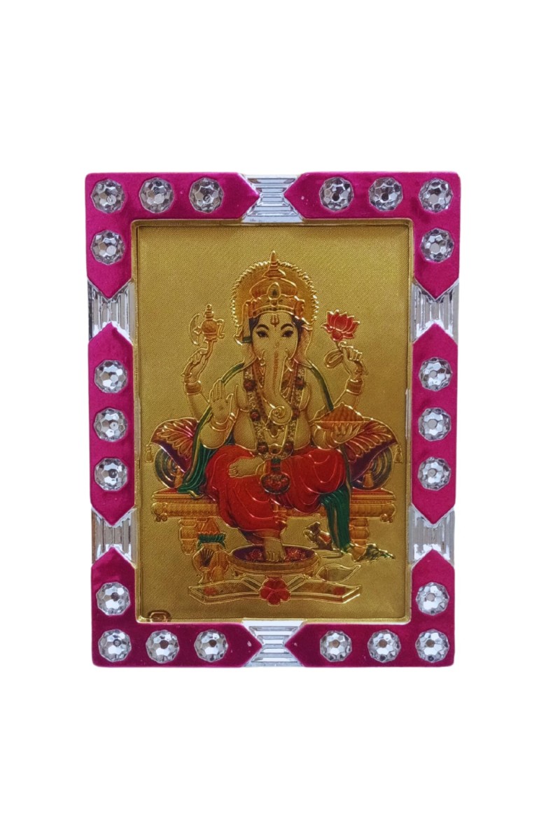 Hitech Sales Mini Decorative Bhagwan Ganesh Photo Frame with Designing Border Religious Gift for Home, Office Décor and Card dasboard Small Temple Idol Frame for Worship (6 x 8 cm – 1 Pcs)