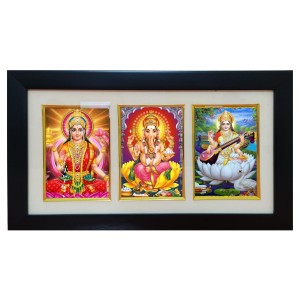 Hi tech Sales Dhan-laxmi, Ganesh, saraswati photo frame || synthetic photo Frame with Glass || Three Gods in Single Frame (Multicolor) for wall, living room, gifts, pooja (Black)