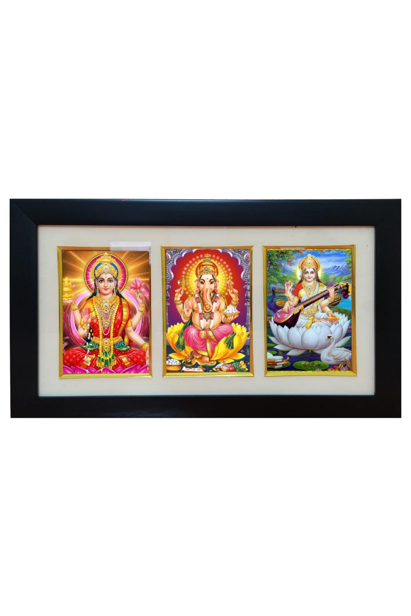 Hi tech Sales Dhan-laxmi, Ganesh, saraswati photo frame || synthetic photo Frame with Glass || Three Gods in Single Frame (Multicolor) for wall, living room, gifts, pooja (Black)