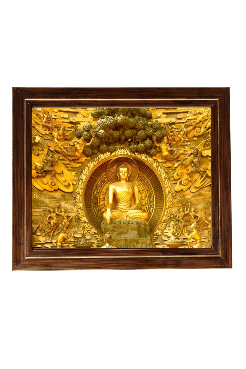 Hitech Sales Golden Buddhan Wall Painting Photo Frame for Pooja Room, Temple Decor, Home Decoration and Gift (Wall and Tabletop, Rectangular, Printed Photo, 12 x 14 inches Frame, Brown)