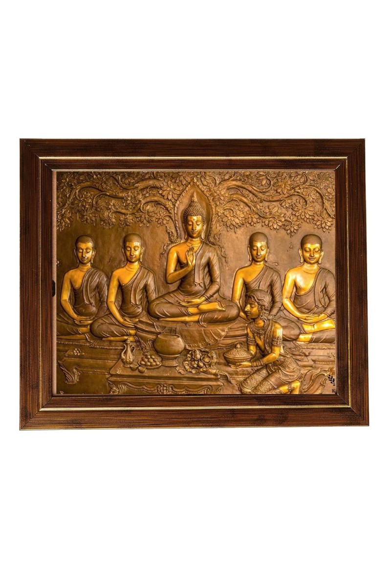 Hitech Sales Gautam Buddha With His Disciple Photo Frame for Pooja Room, Temple Decor, Home Decoration and Gift (Wall and Tabletop, Rectangular, Printed Photo, 12 x 14 inches Frame, Brown)