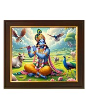 Hitech Sales Lord Krishna playing flute ai Photo with Beautiful 12X10 in synthetic Wood Frame With Glass Tabletop Wallmount display for Home office decor Gift for all occations